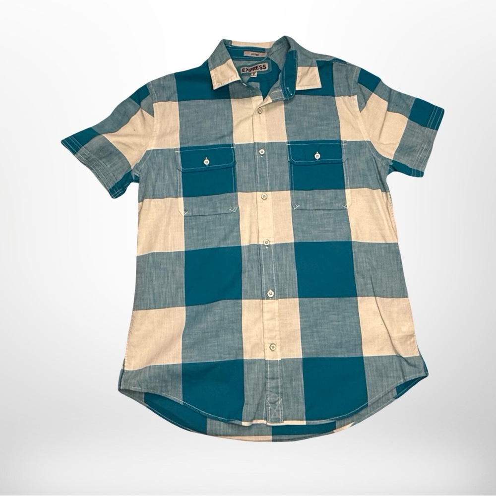 Express Teal and White Checkered Button Down Shirt